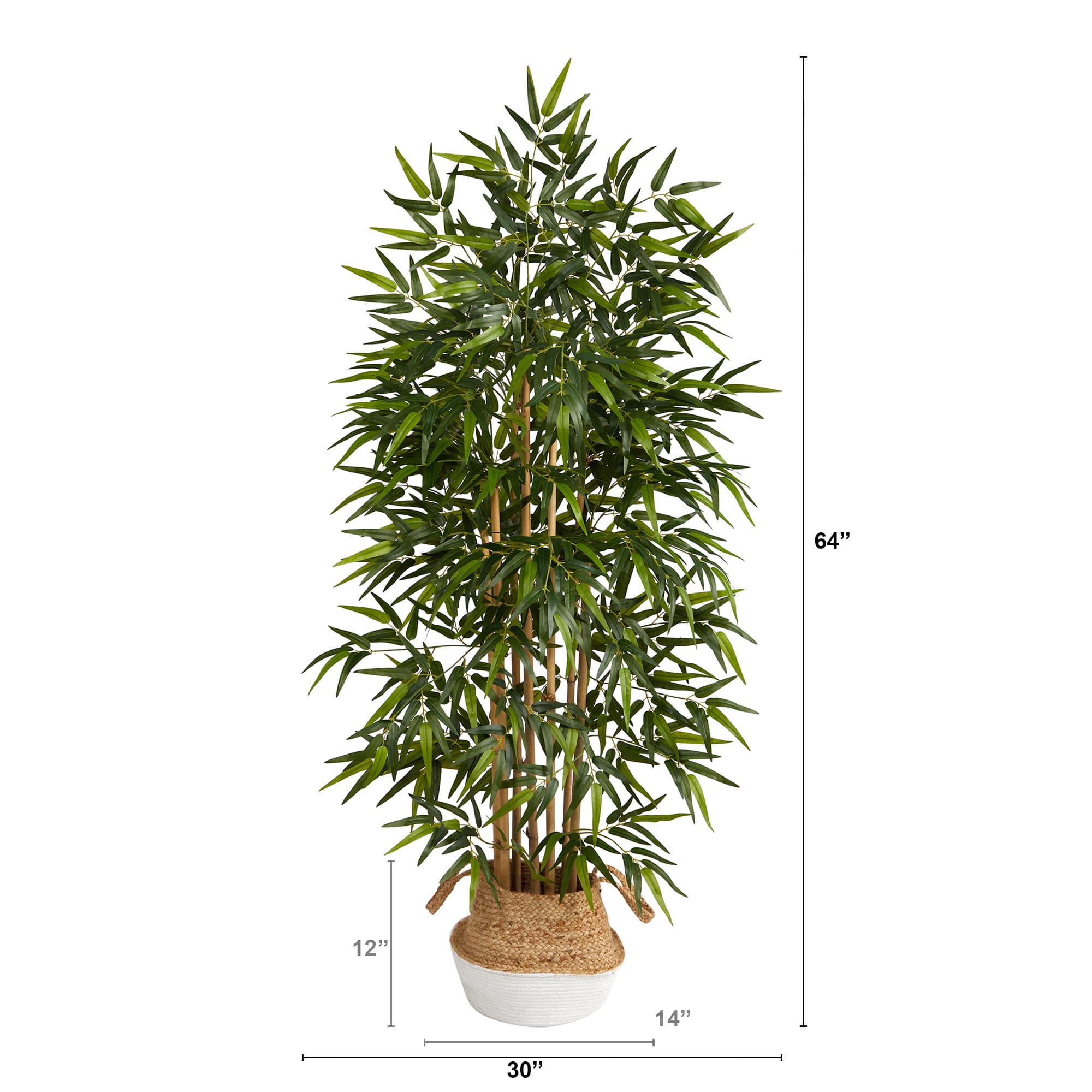 64" Bamboo Artificial Tree with Natural Bamboo Trunks in Boho Chic Handmade Cotton & Jute White Woven Planter